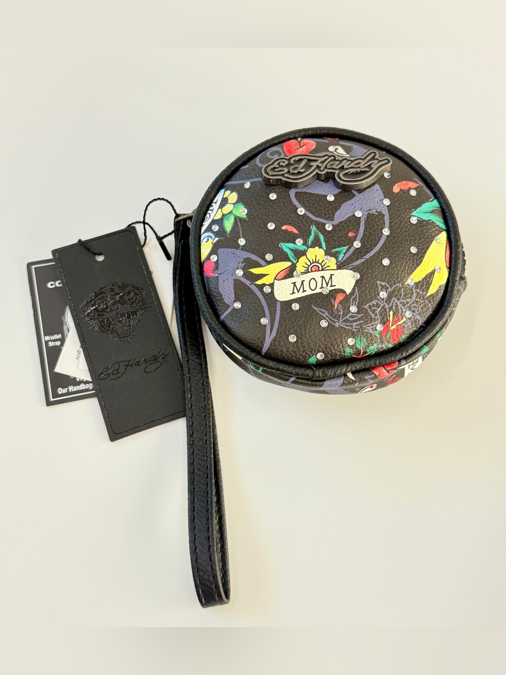 NWT Ed Hardy Black Round Tattoo Floral Wristlet with Red & Yellow Roses - Picture 1 of 4
